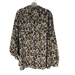 Elementz Button Down Shirt Women’s Brown Black Animal Cheetah Roll Tab Sleeve 2X